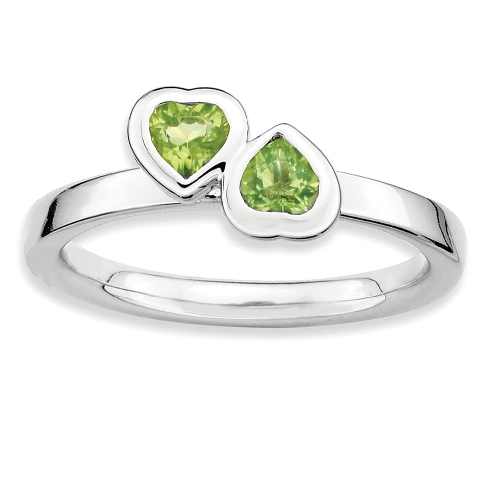 Sterling Silver Stackable Double Heart Peridot Ring, Item R9313 by The Black Bow Jewelry Co.