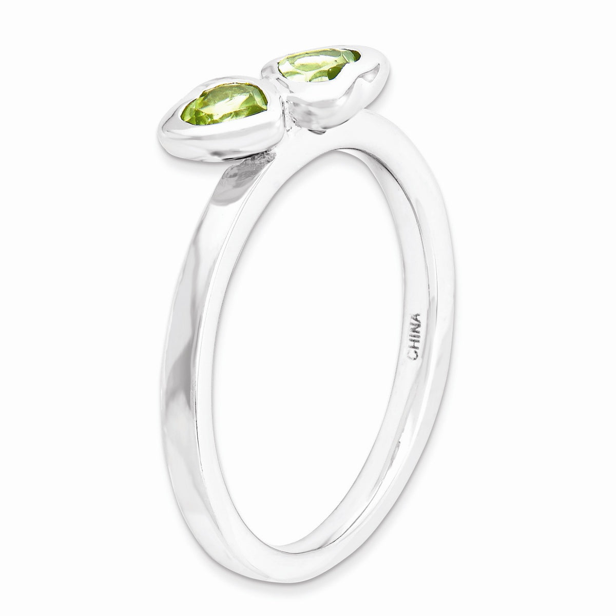 Alternate view of the Sterling Silver Stackable Double Heart Peridot Ring by The Black Bow Jewelry Co.