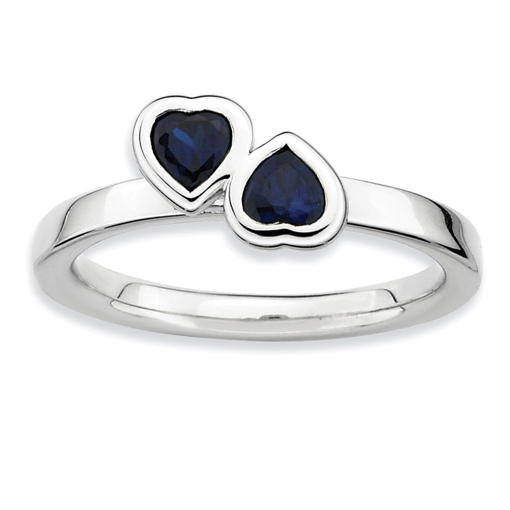 Sterling Silver Stackable Double Heart Created Sapphire Ring, Item R9314 by The Black Bow Jewelry Co.