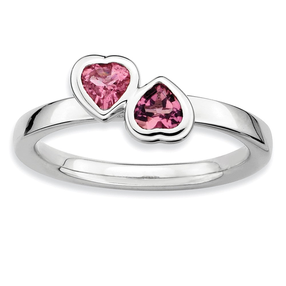 Sterling Silver Stackable Double Heart Pink Tourmaline Ring, Item R9315 by The Black Bow Jewelry Co.