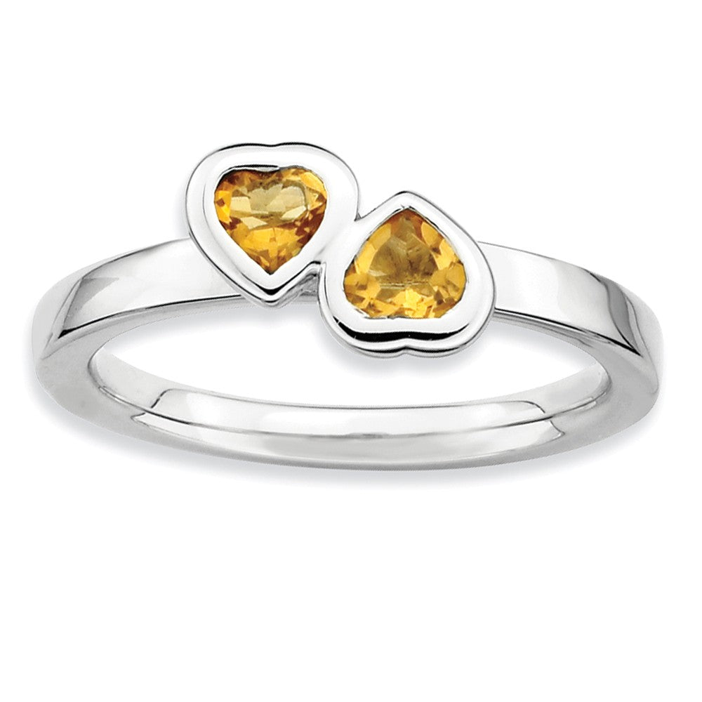 Sterling Silver Stackable Double Heart Citrine Ring, Item R9316 by The Black Bow Jewelry Co.
