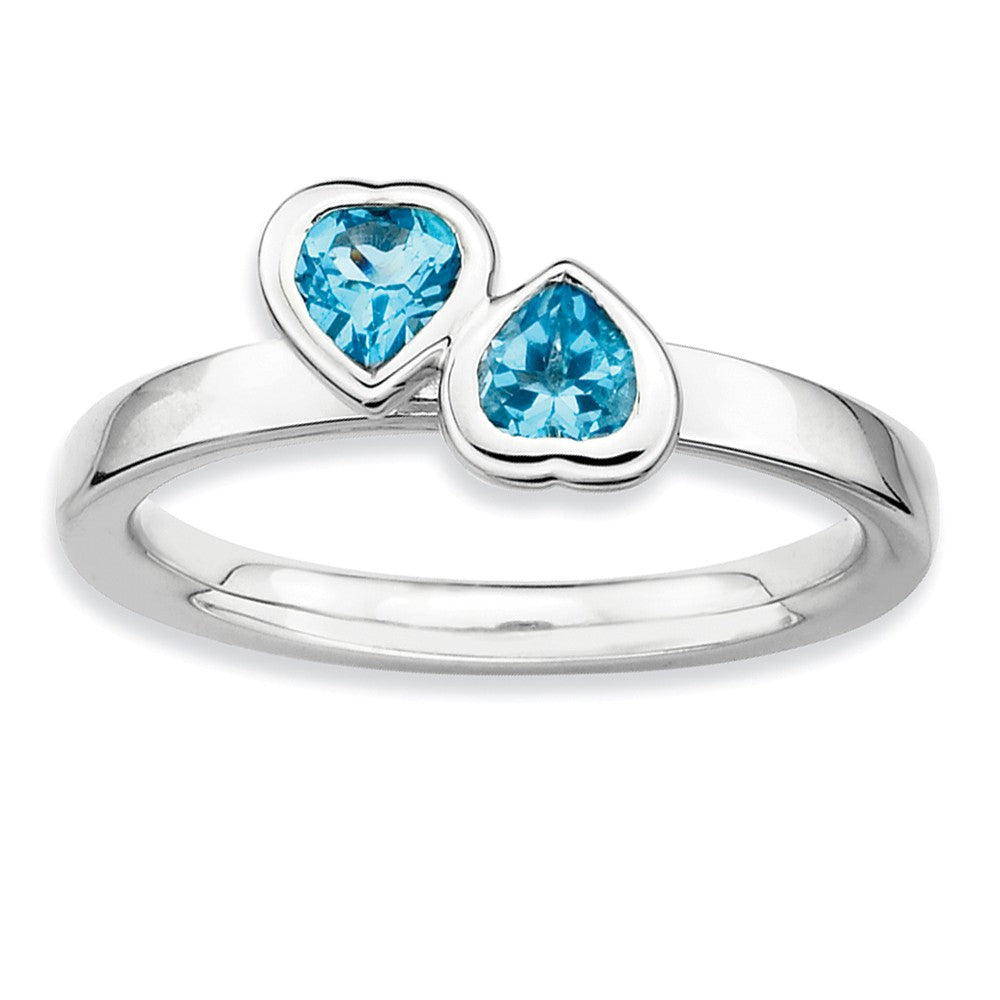Sterling Silver Stackable Double Heart Blue Topaz Ring, Item R9317 by The Black Bow Jewelry Co.