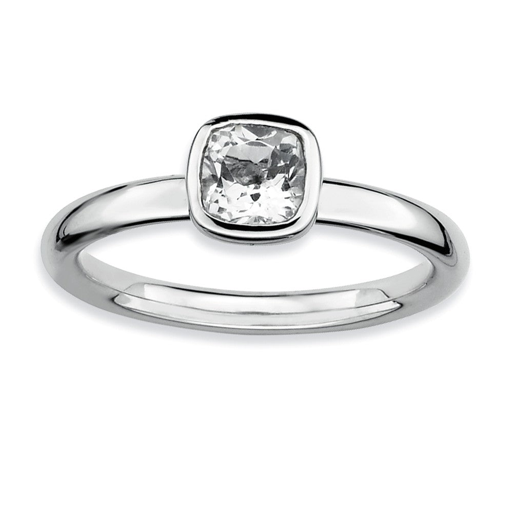 Silver Stackable Cushion Cut White Topaz Solitaire Ring, Item R9329 by The Black Bow Jewelry Co.