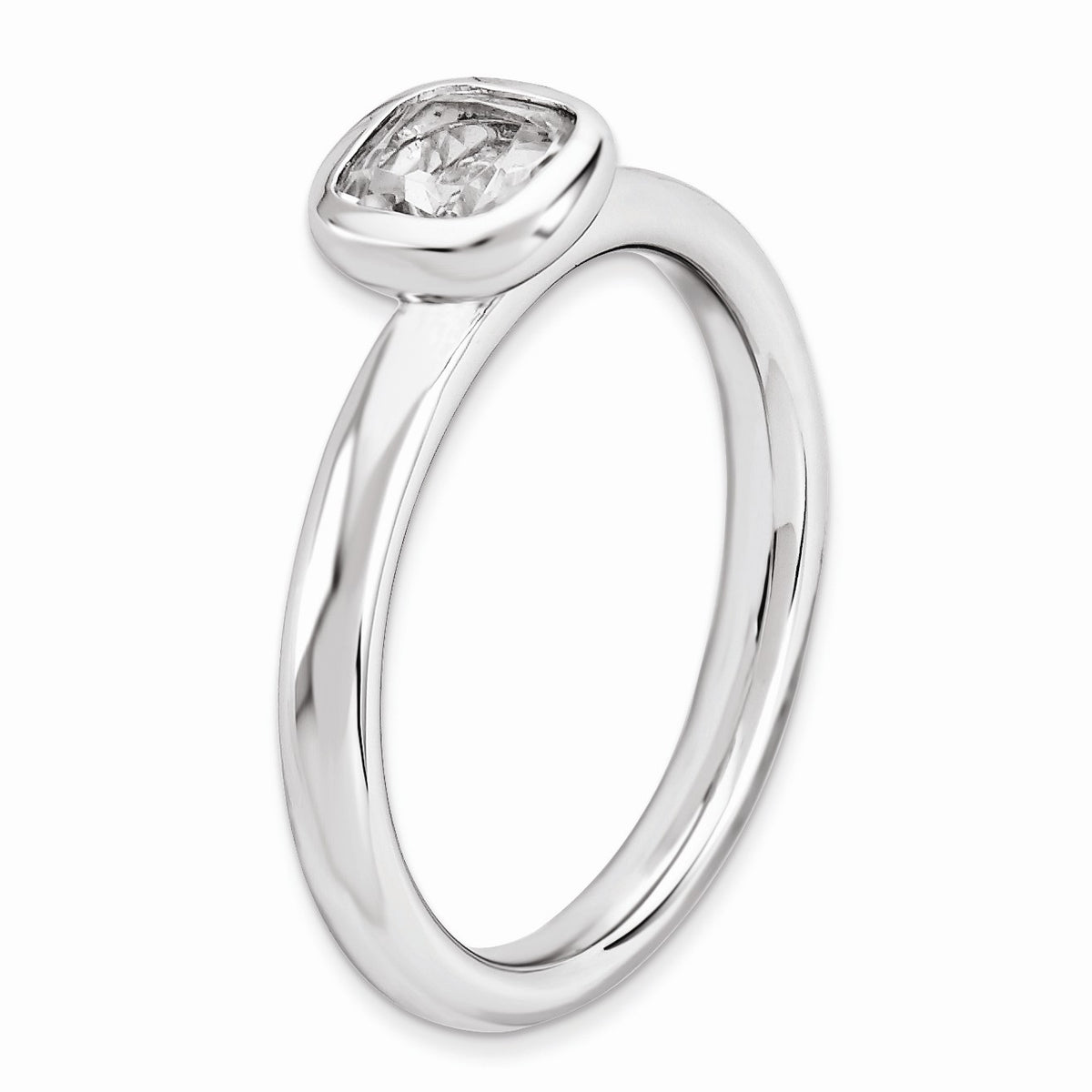 Alternate view of the Silver Stackable Cushion Cut White Topaz Solitaire Ring by The Black Bow Jewelry Co.