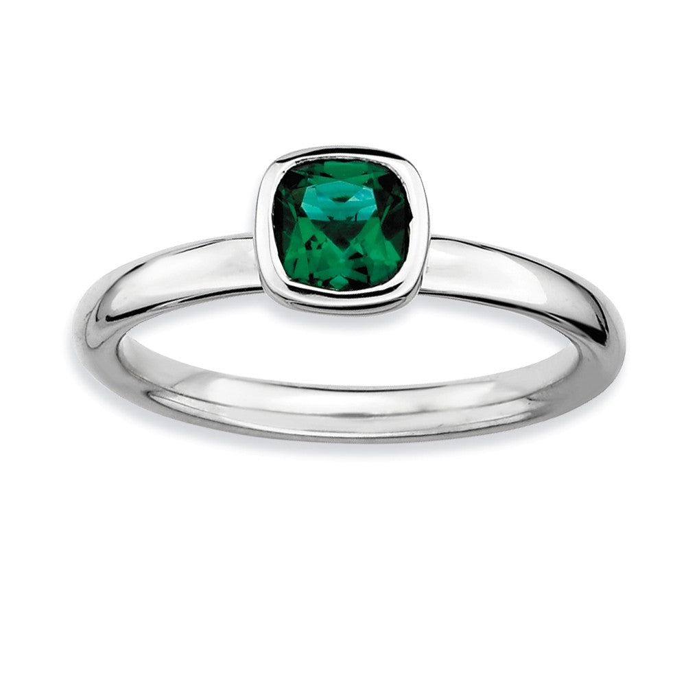 Silver Stackable Cushion Cut Created Emerald Solitaire Ring, Item R9330 by The Black Bow Jewelry Co.