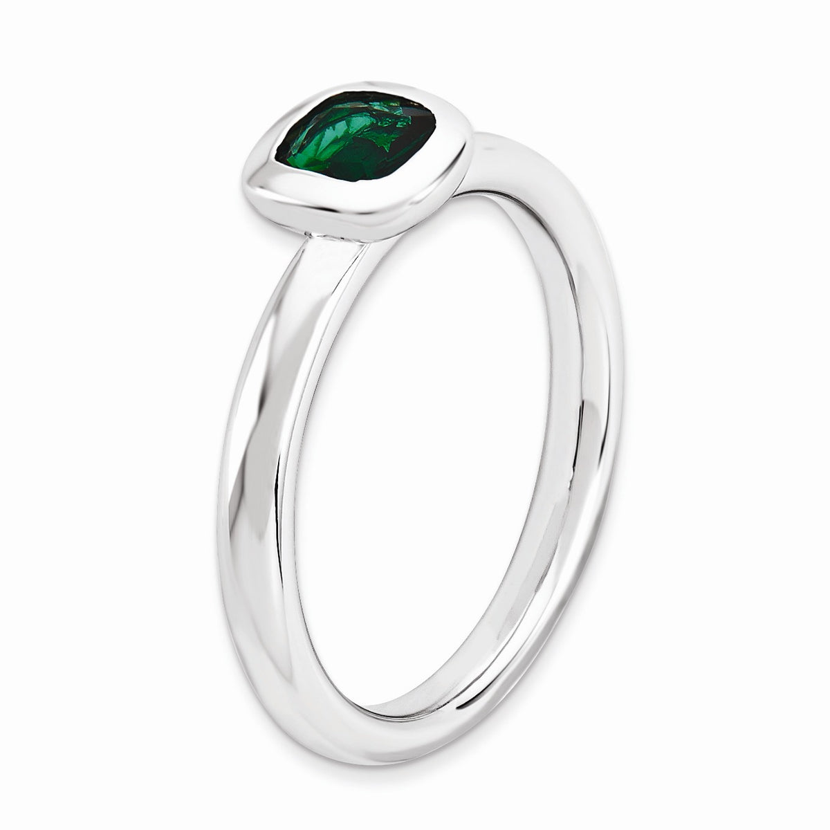 Alternate view of the Silver Stackable Cushion Cut Created Emerald Solitaire Ring by The Black Bow Jewelry Co.