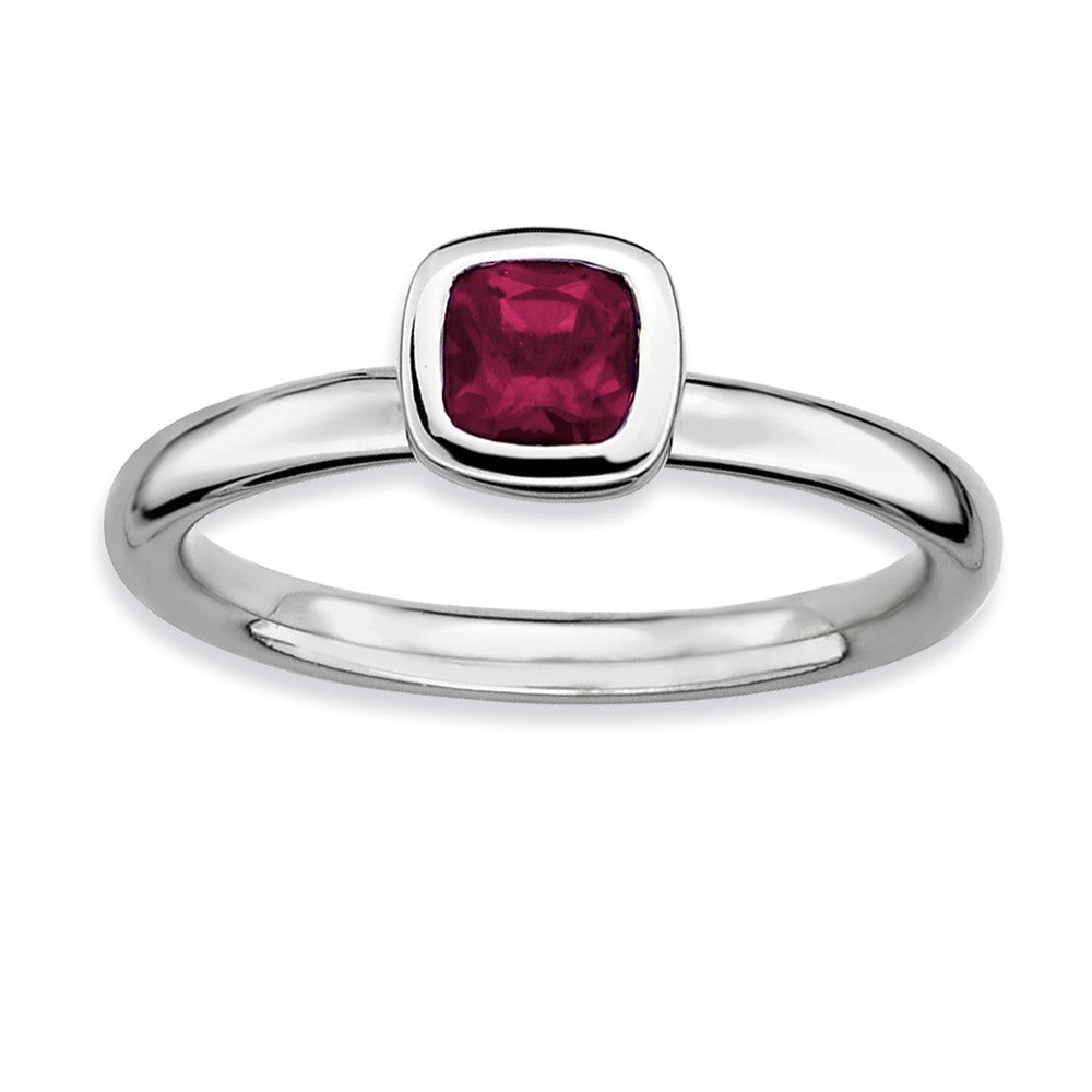 Silver Stackable Cushion Cut Rhodolite Garnet Solitaire Ring, Item R9331 by The Black Bow Jewelry Co.
