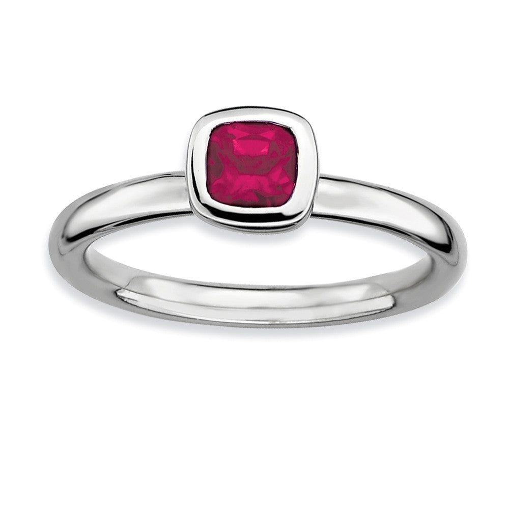 Sterling Silver Stackable Cushion Cut Created Ruby Solitaire Ring, Item R9332 by The Black Bow Jewelry Co.