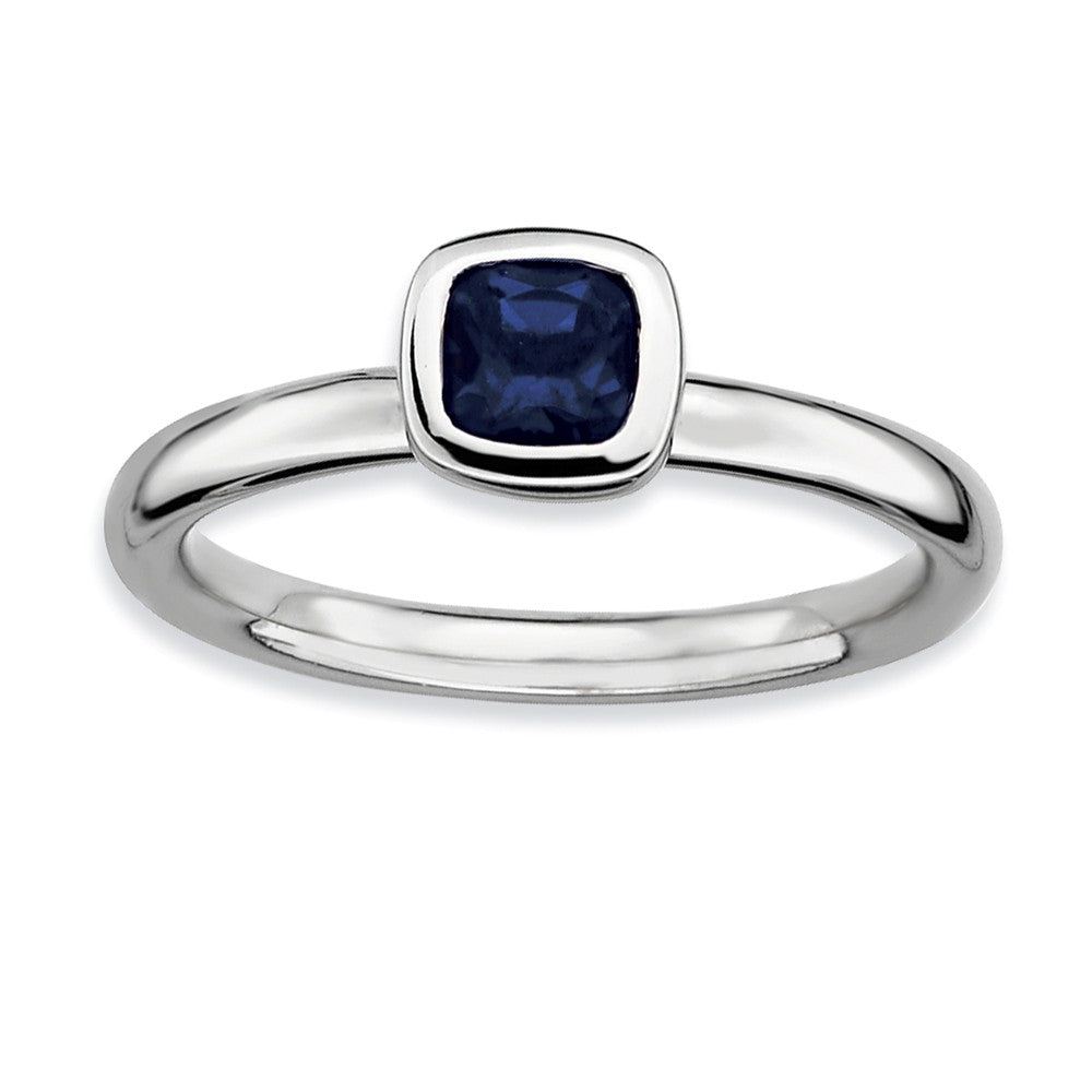 Silver Stackable Cushion Cut Created Sapphire Solitaire Ring, Item R9334 by The Black Bow Jewelry Co.