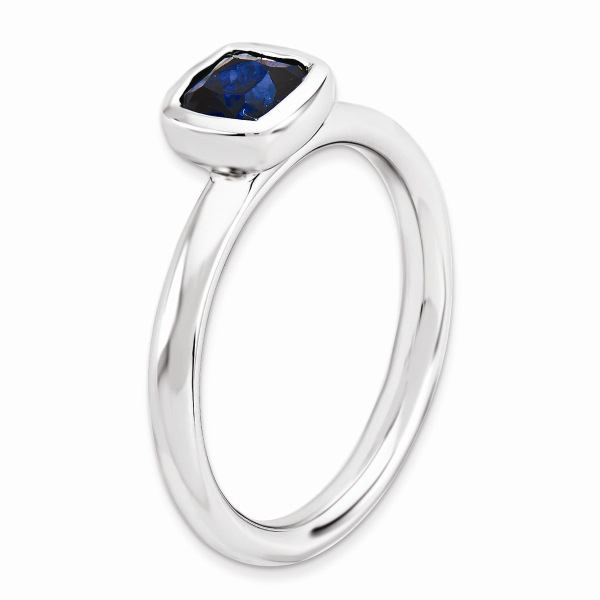 Alternate view of the Silver Stackable Cushion Cut Created Sapphire Solitaire Ring by The Black Bow Jewelry Co.