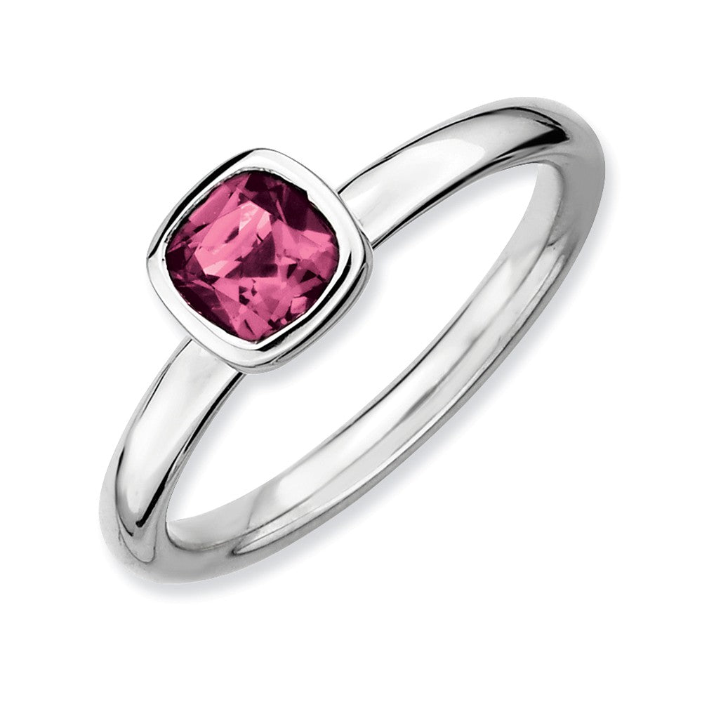 Silver Stackable Cushion Cut Pink Tourmaline Solitaire Ring, Item R9335 by The Black Bow Jewelry Co.