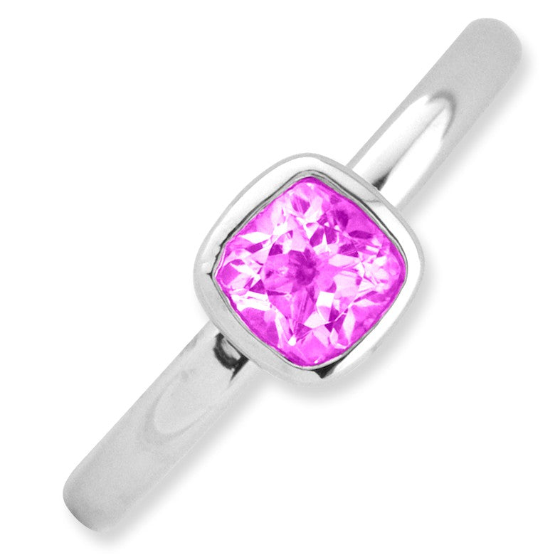 Alternate view of the Silver Stackable Cushion Cut Pink Tourmaline Solitaire Ring by The Black Bow Jewelry Co.