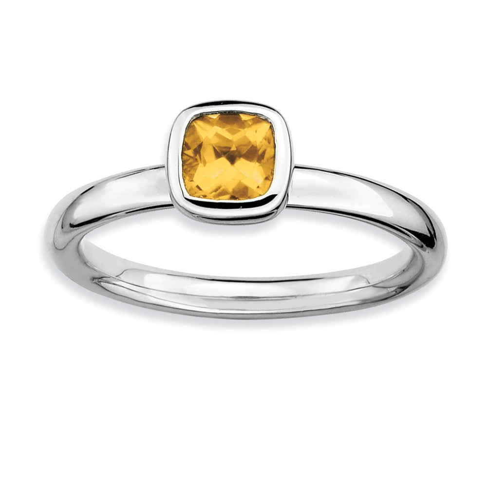 Silver Stackable Cushion Cut Citrine Solitaire Ring, Item R9336 by The Black Bow Jewelry Co.