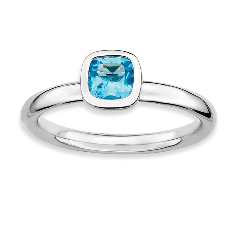 Silver Stackable Cushion Cut Blue Topaz Solitaire Ring, Item R9337 by The Black Bow Jewelry Co.