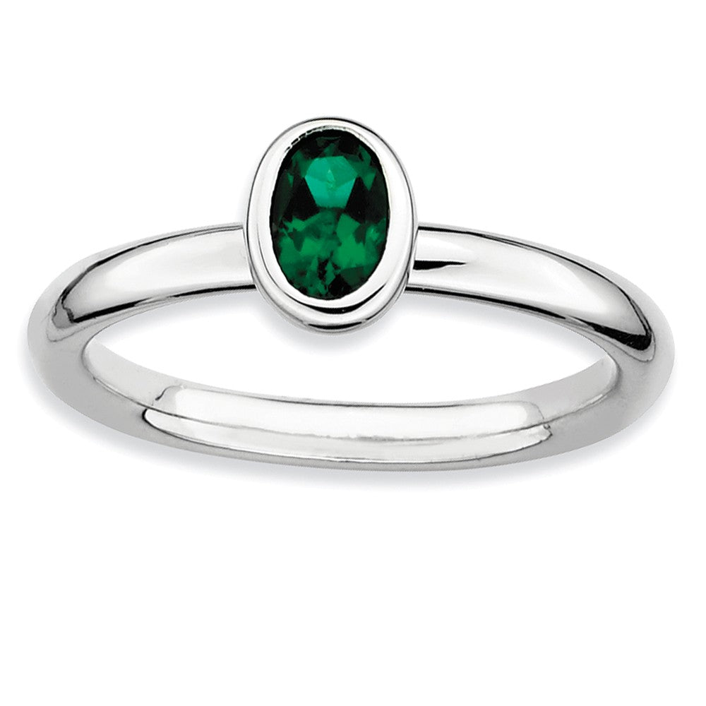 Silver Stackable Oval Created Emerald Solitaire Ring, Item R9340 by The Black Bow Jewelry Co.