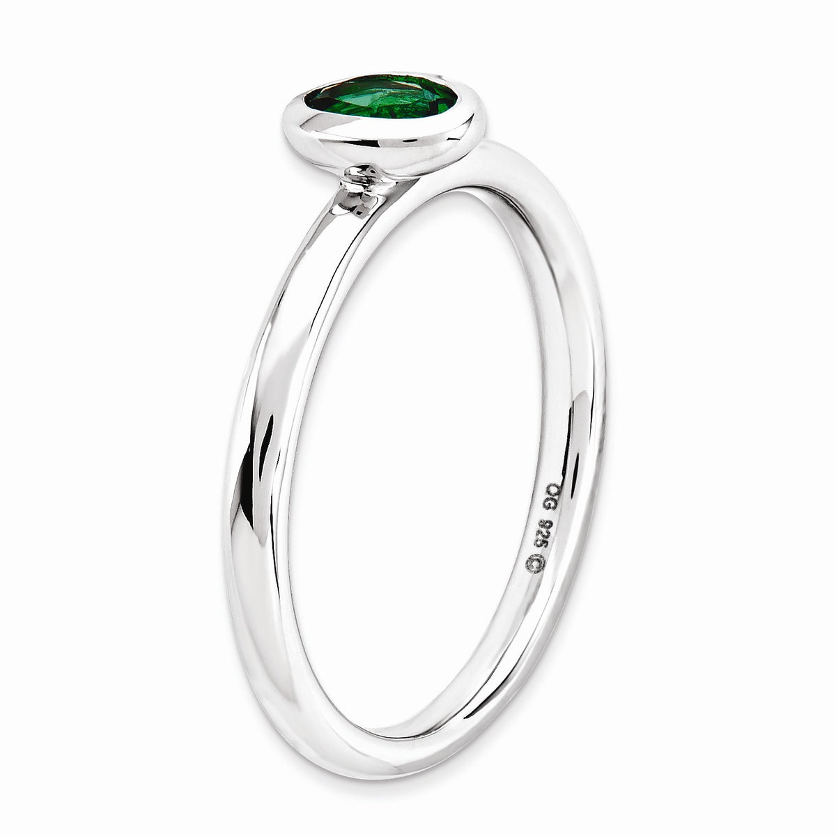 Alternate view of the Silver Stackable Oval Created Emerald Solitaire Ring by The Black Bow Jewelry Co.