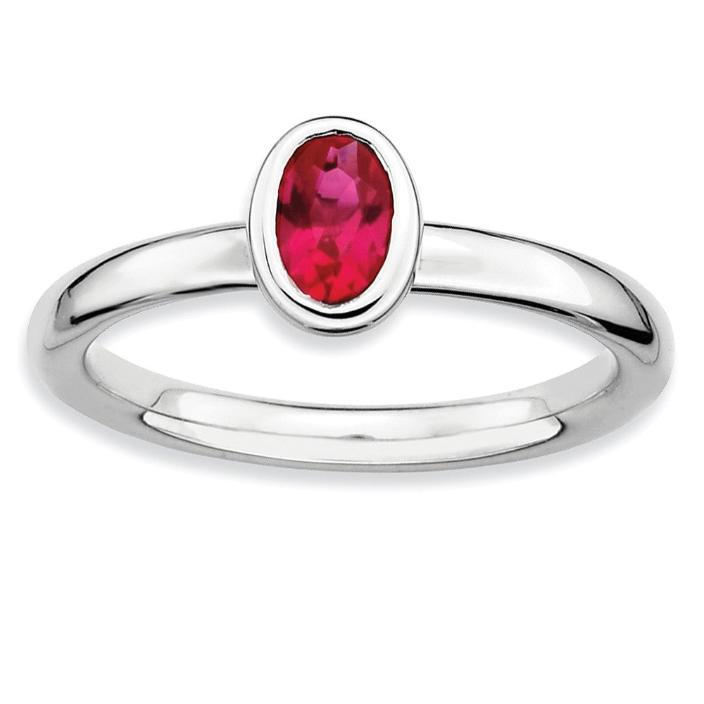 Sterling Silver Stackable Oval Created Ruby Solitaire Ring, Item R9342 by The Black Bow Jewelry Co.