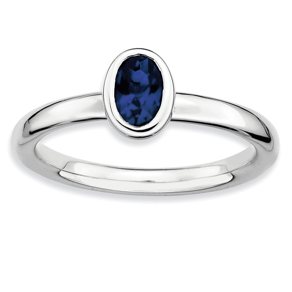 Silver Stackable Oval Created Sapphire Solitaire Ring, Item R9344 by The Black Bow Jewelry Co.