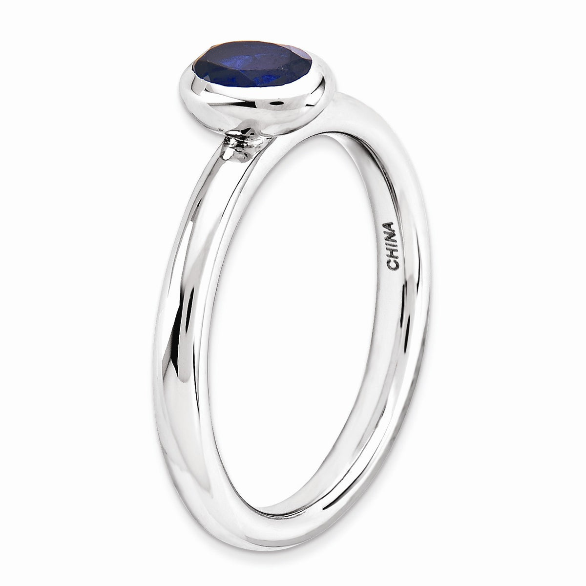 Alternate view of the Silver Stackable Oval Created Sapphire Solitaire Ring by The Black Bow Jewelry Co.