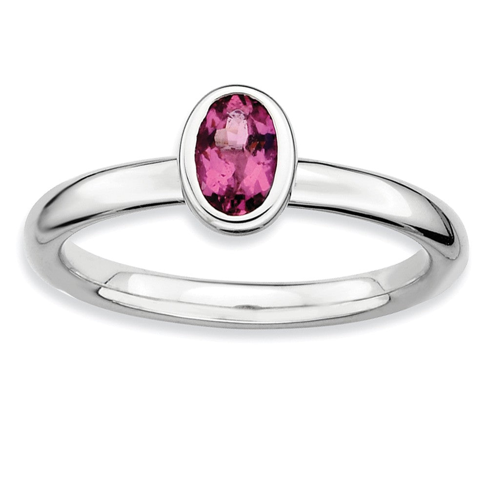 Sterling Silver Stackable Oval Pink Tourmaline Solitaire Ring, Item R9345 by The Black Bow Jewelry Co.