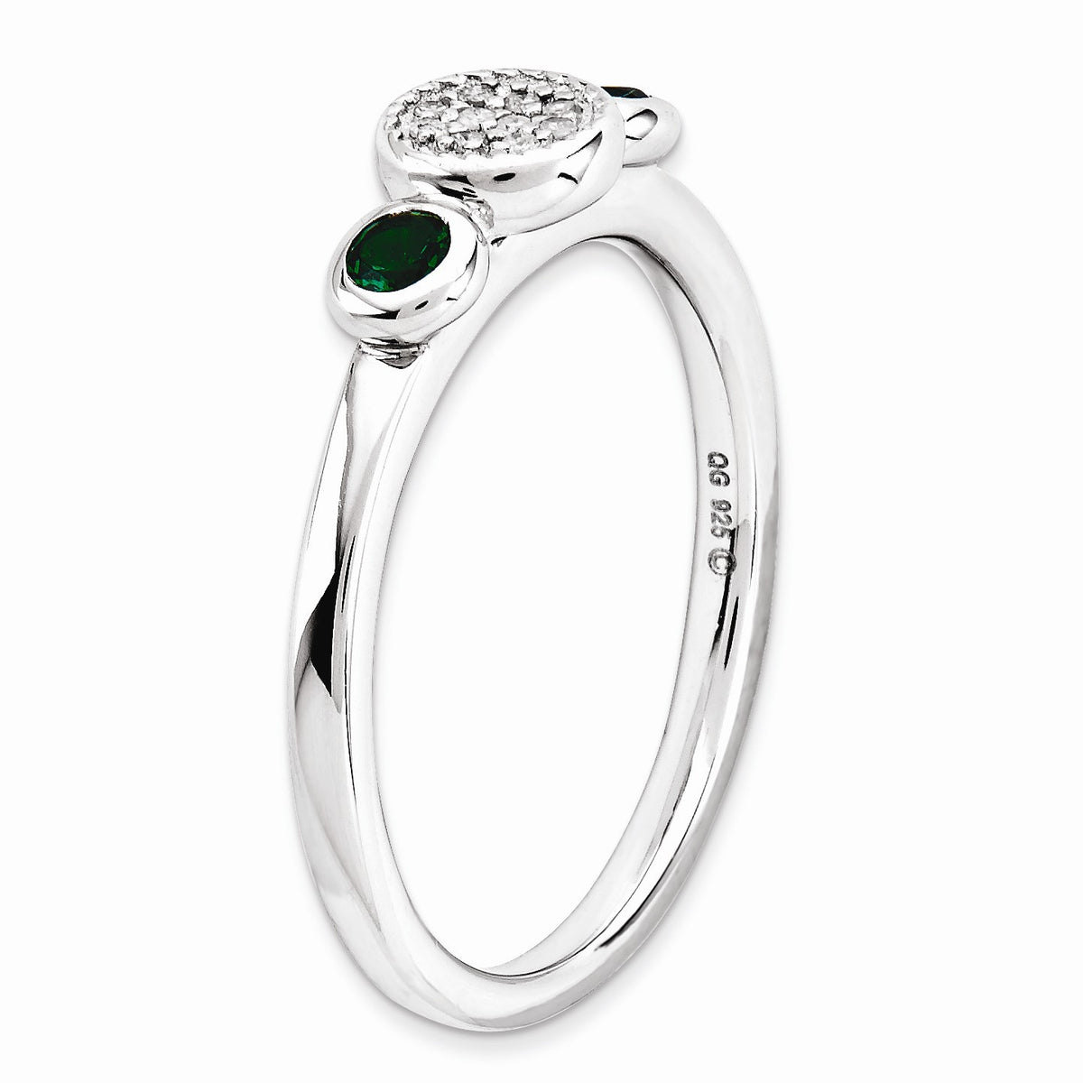 Alternate view of the Sterling Silver Stackable Created Emerald &amp; .05 Ctw HI/I3 Diamond Ring by The Black Bow Jewelry Co.