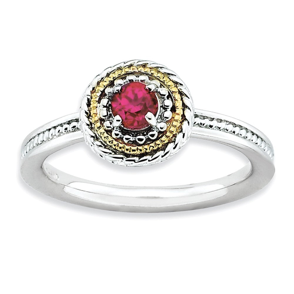 Sterling Silver &amp; 14K Gold Plated Stackable Created Ruby Ring, Item R9365 by The Black Bow Jewelry Co.