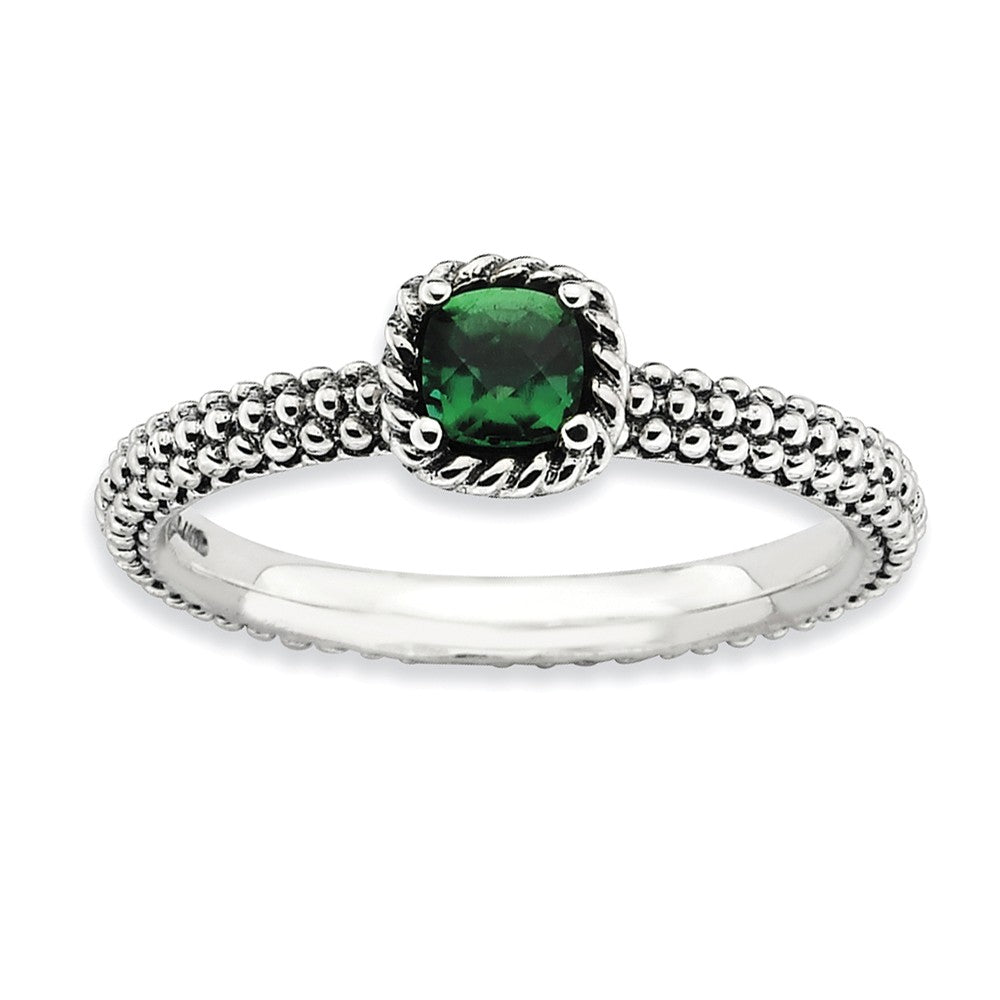 Antiqued Sterling Silver Stackable Created Emerald Ring - The