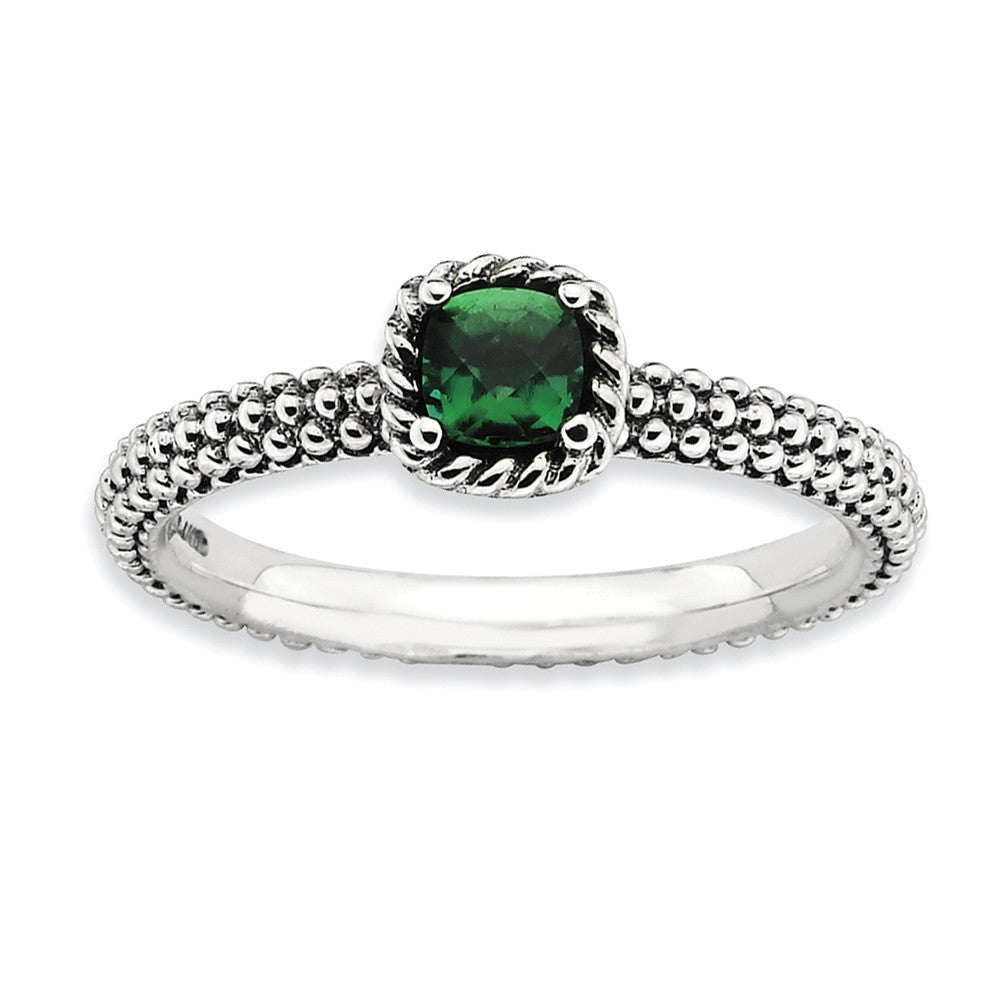 Antiqued Sterling Silver Stackable Created Emerald Ring, Item R9383 by The Black Bow Jewelry Co.