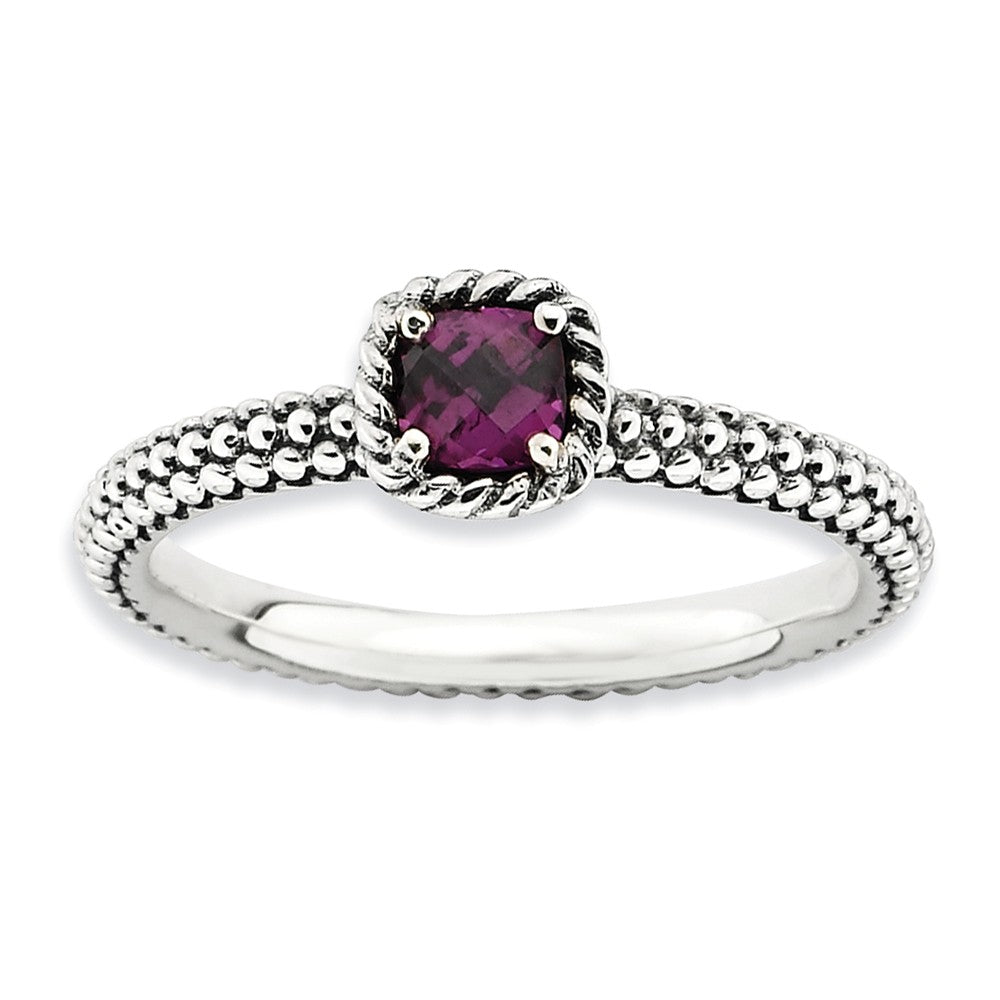 Antiqued Sterling Silver Stackable Rhodolite Garnet Ring, Item R9384 by The Black Bow Jewelry Co.