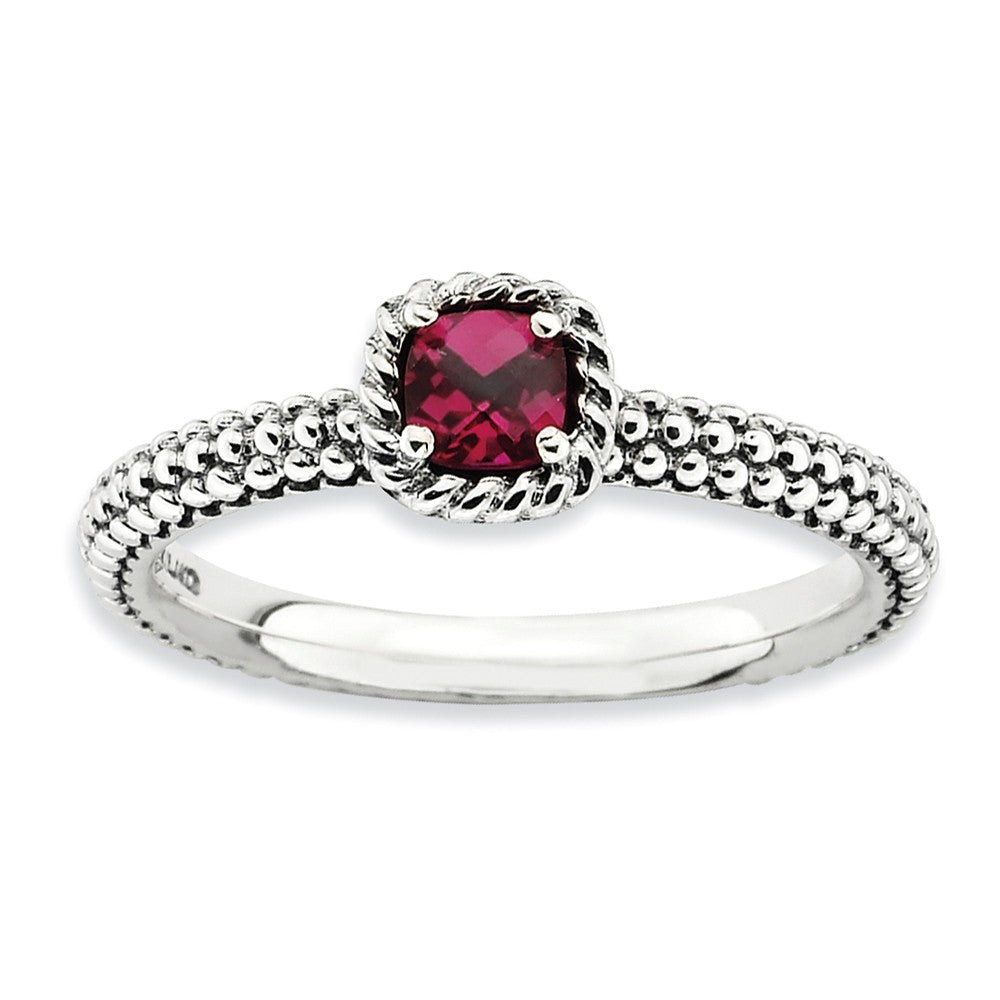 Antiqued Sterling Silver Stackable Created Ruby Ring, Item R9385 by The Black Bow Jewelry Co.
