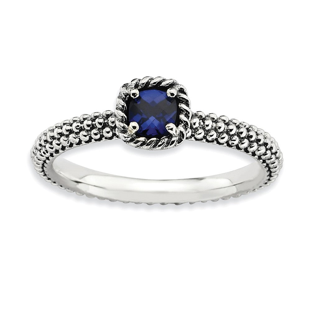 Antiqued Sterling Silver Stackable Created Sapphire Ring, Item R9387 by The Black Bow Jewelry Co.