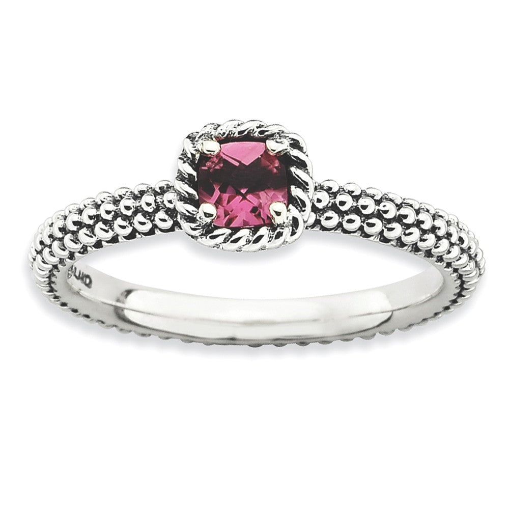 Antiqued Sterling Silver Stackable Pink Tourmaline Ring, Item R9388 by The Black Bow Jewelry Co.