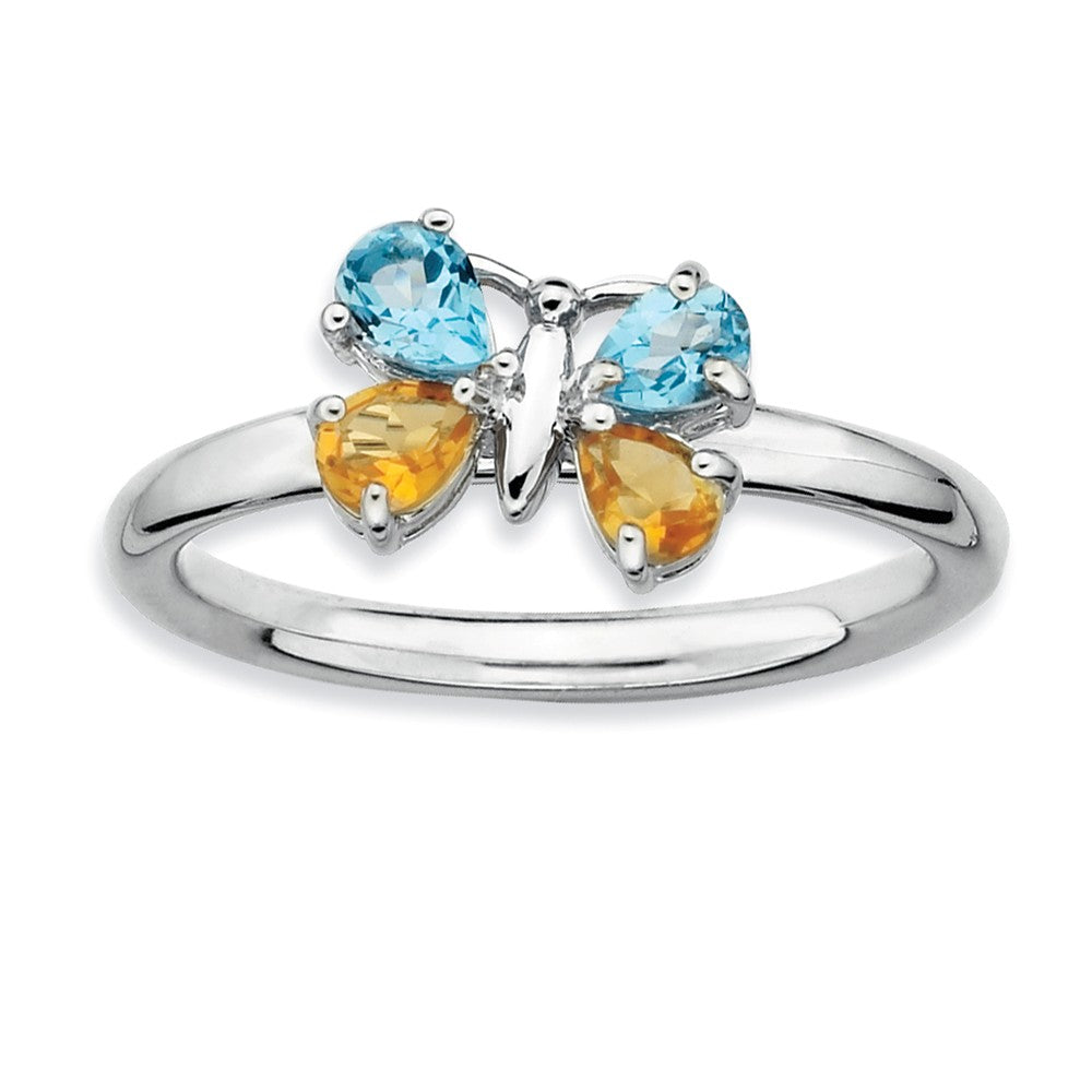 Silver Stackable Blue Topaz and Citrine Gemstone Butterfly Ring, Item R9392 by The Black Bow Jewelry Co.