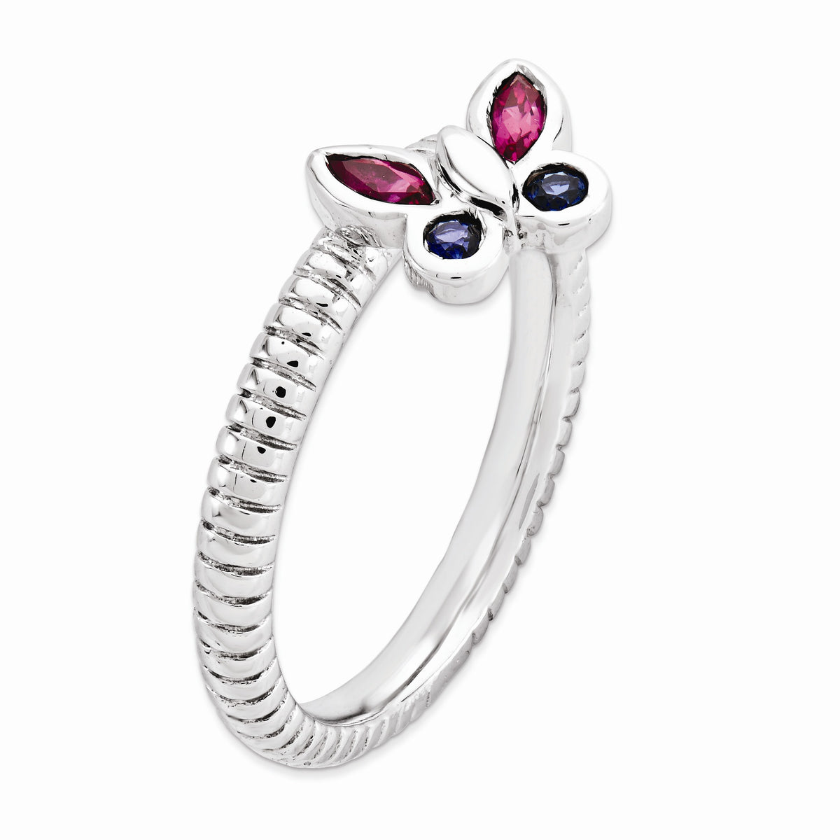 Alternate view of the Sterling Silver Stackable Created Ruby Created Sapphire Butterfly Ring by The Black Bow Jewelry Co.