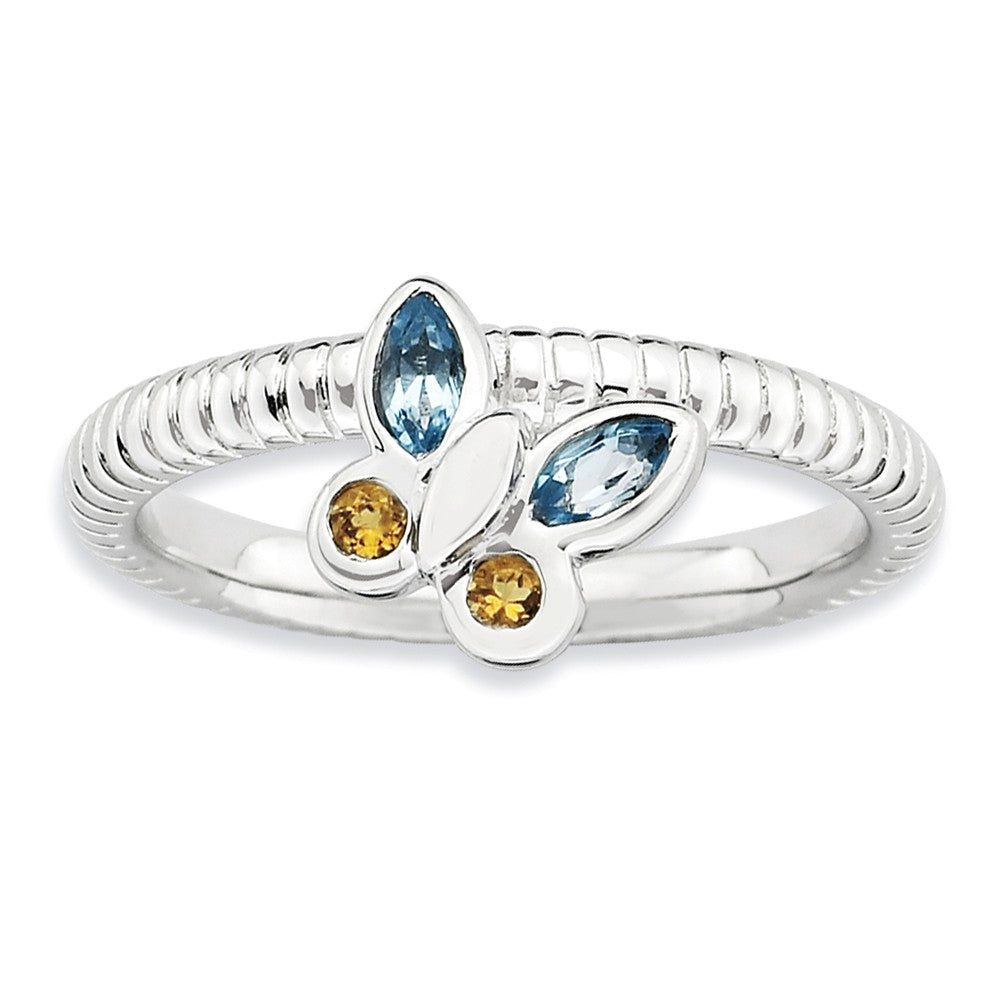 Silver Stackable Citrine and Topaz Gemstone Butterfly Ring, Item R9396 by The Black Bow Jewelry Co.