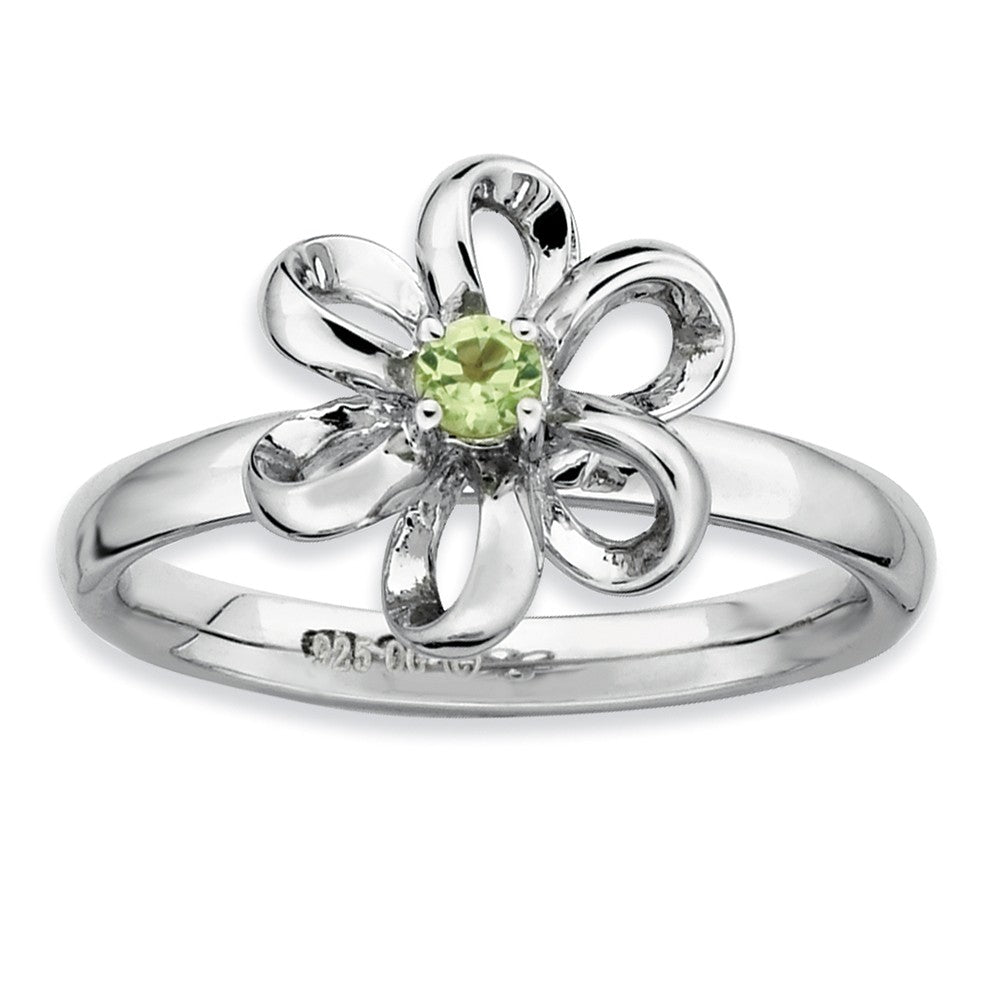Silver Stackable 12mm .12 Carat Peridot Flower Ring, Item R9397 by The Black Bow Jewelry Co.
