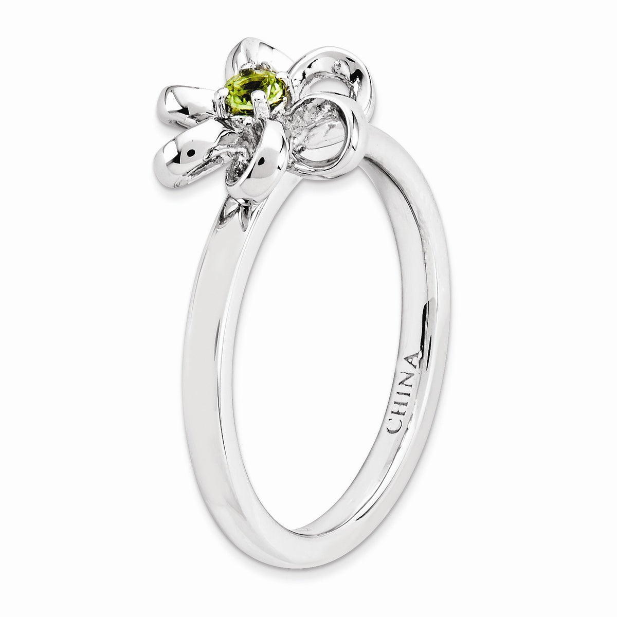 Alternate view of the Silver Stackable 12mm .12 Carat Peridot Flower Ring by The Black Bow Jewelry Co.