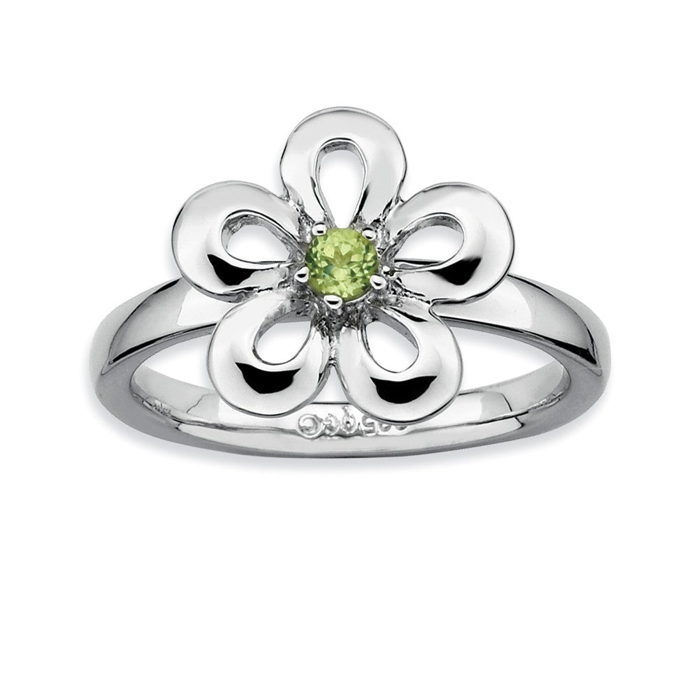 Silver Stackable 13mm .12 Carat Peridot Flower Ring, Item R9398 by The Black Bow Jewelry Co.