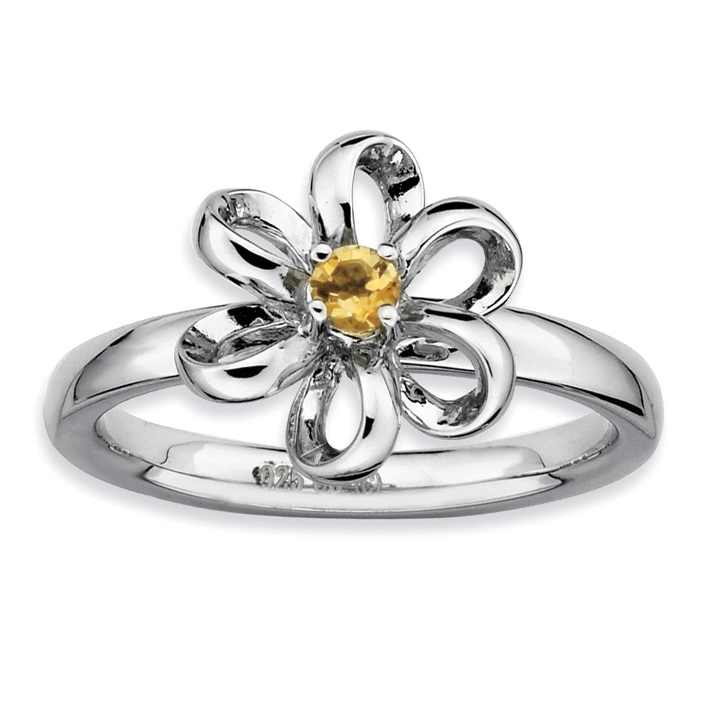 Silver Stackable 12mm 1/10 Carat Citrine Flower Ring, Item R9399 by The Black Bow Jewelry Co.