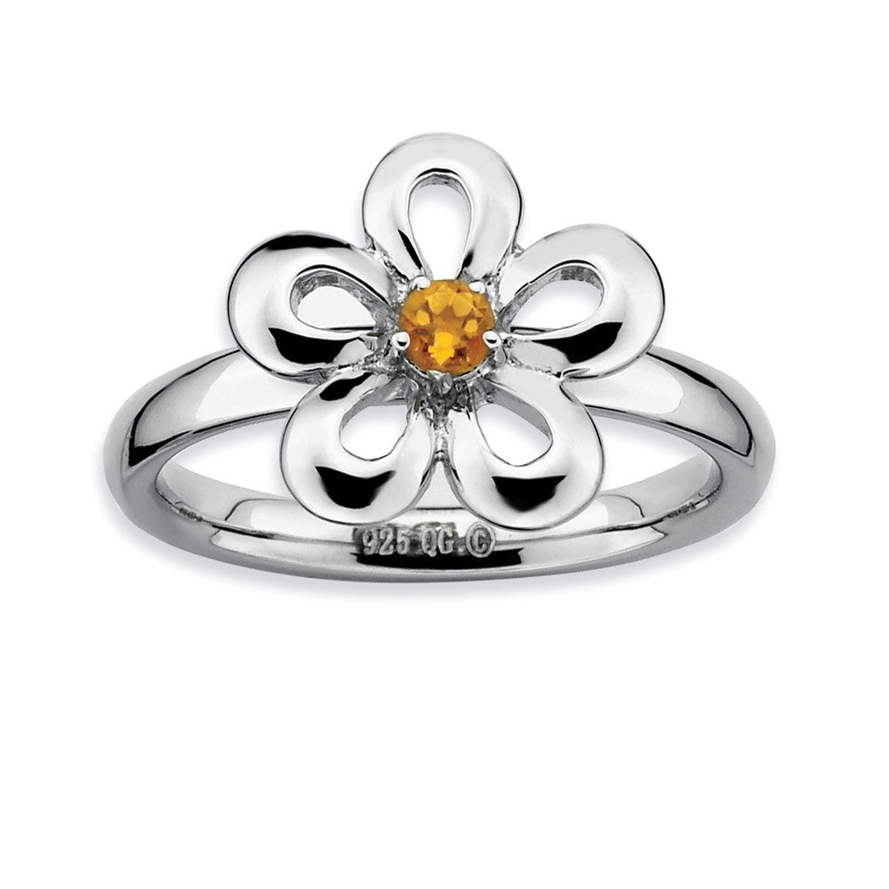 Silver Stackable 13mm 1/10 Carat Citrine Flower Ring, Item R9400 by The Black Bow Jewelry Co.