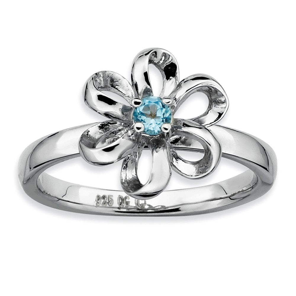 Silver Stackable 12mm 1/10 Carat Blue Topaz Flower Ring, Item R9401 by The Black Bow Jewelry Co.