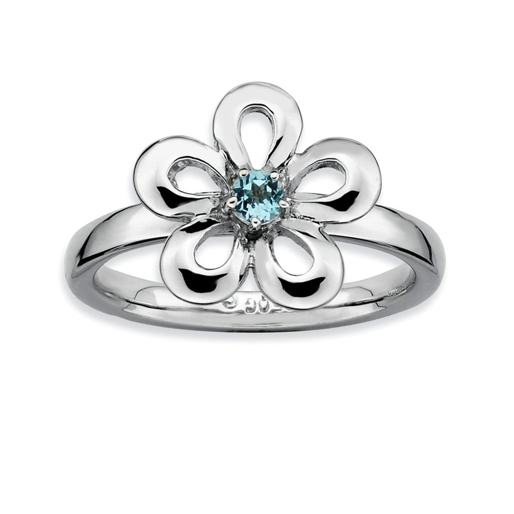 Silver Stackable 13mm 1/10 Carat Blue Topaz Flower Ring, Item R9402 by The Black Bow Jewelry Co.