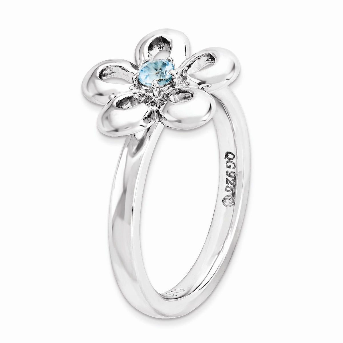 Alternate view of the Silver Stackable 13mm 1/10 Carat Blue Topaz Flower Ring by The Black Bow Jewelry Co.