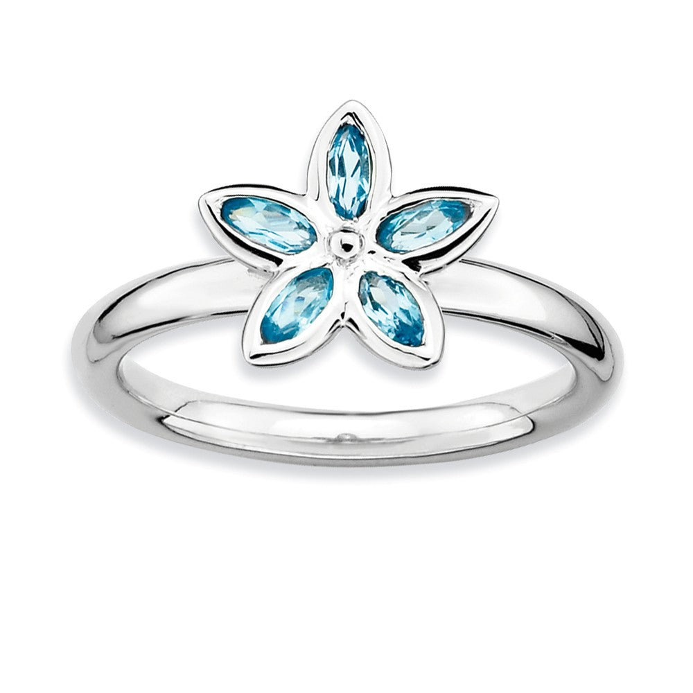 Silver Stackable .44 Cttw Blue Topaz Flower Ring, Item R9411 by The Black Bow Jewelry Co.