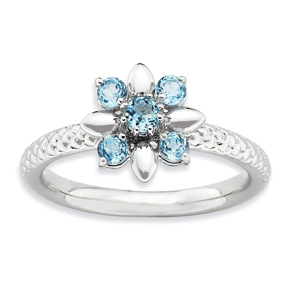 Silver Stackable 1/2 Cttw Blue Topaz Flower Ring, Item R9413 by The Black Bow Jewelry Co.