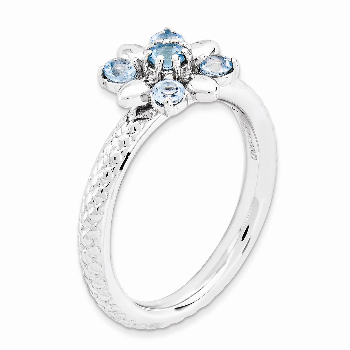 Alternate view of the Silver Stackable 1/2 Cttw Blue Topaz Flower Ring by The Black Bow Jewelry Co.