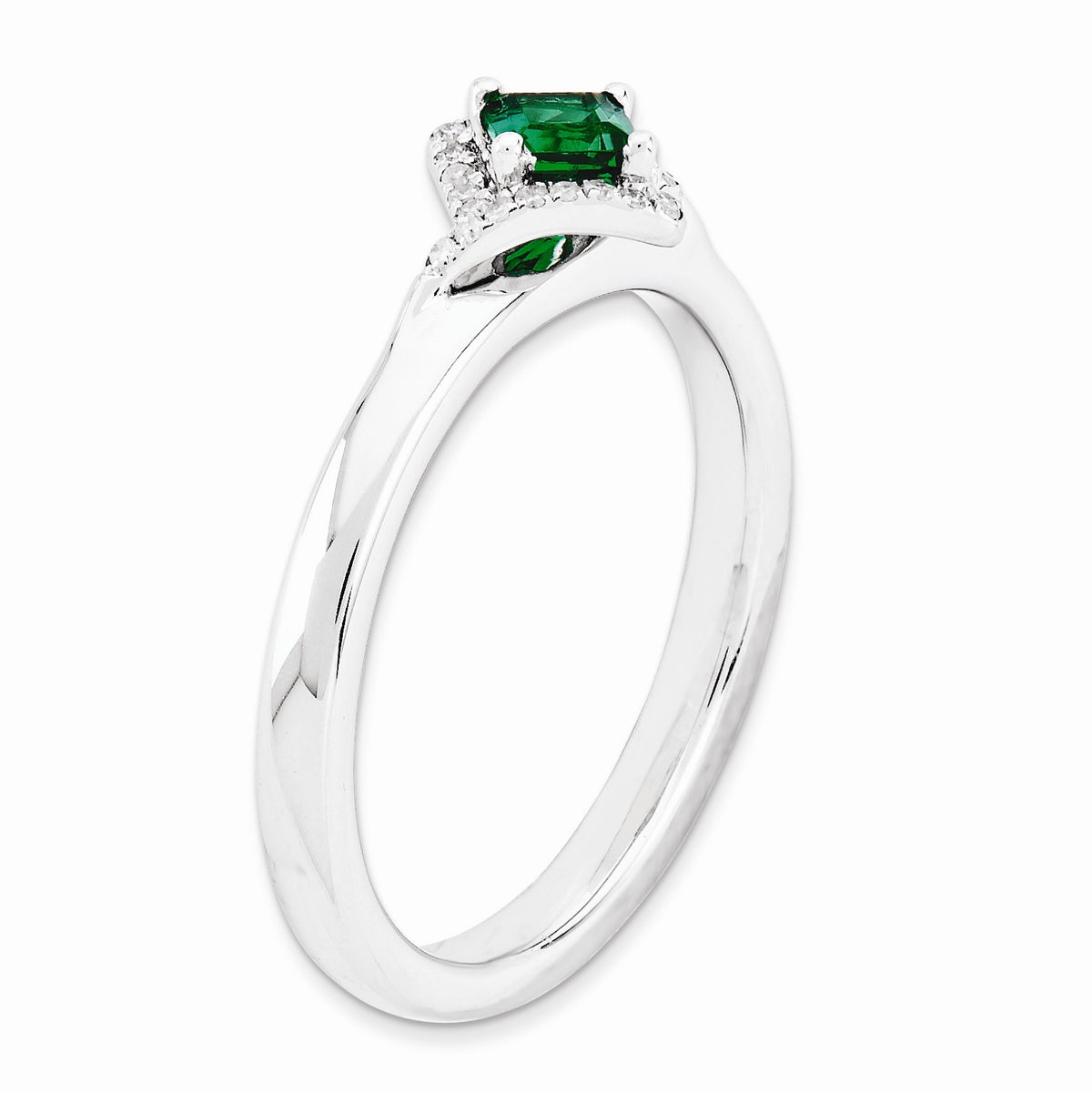 Alternate view of the Stackable Created Emerald &amp; .10 Ctw HI/I3 Diamond Sterling Silver Ring by The Black Bow Jewelry Co.