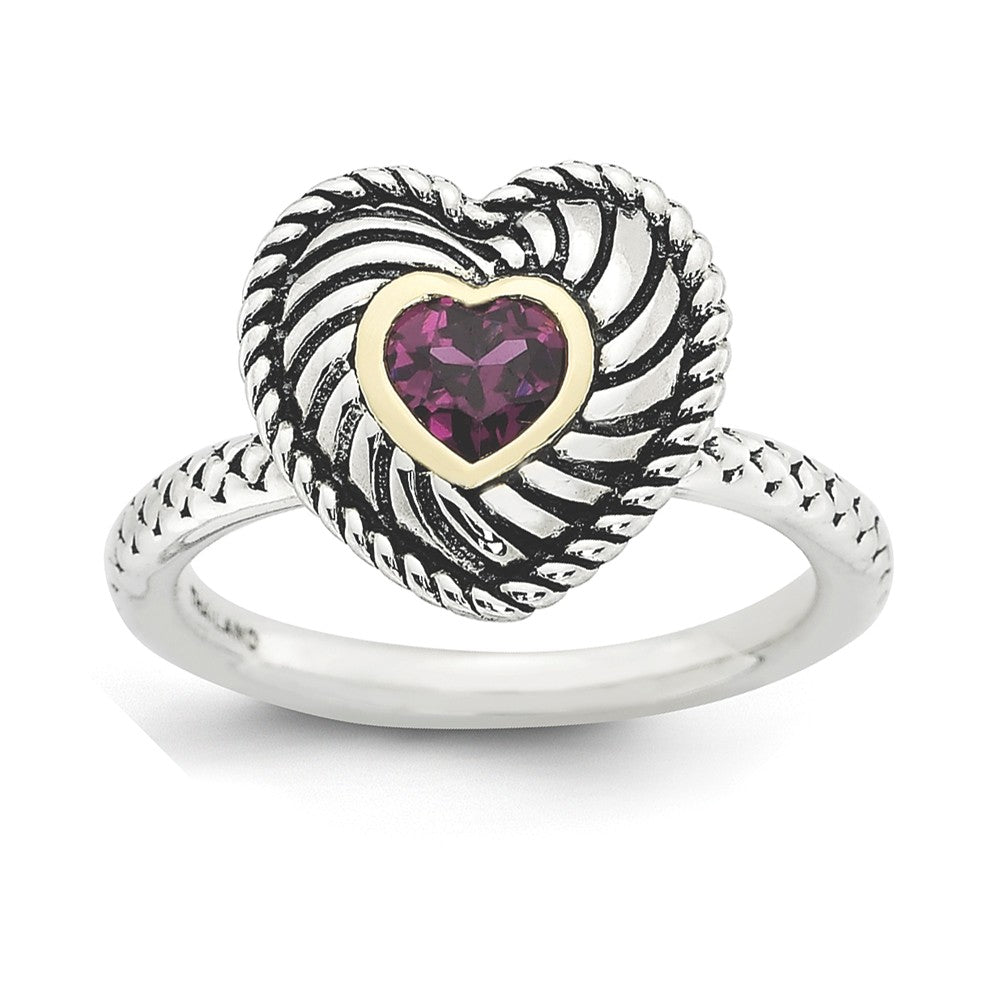 Antiqued Sterling Silver Stackable Rhodolite Garnet Heart Ring, Item R9432 by The Black Bow Jewelry Co.