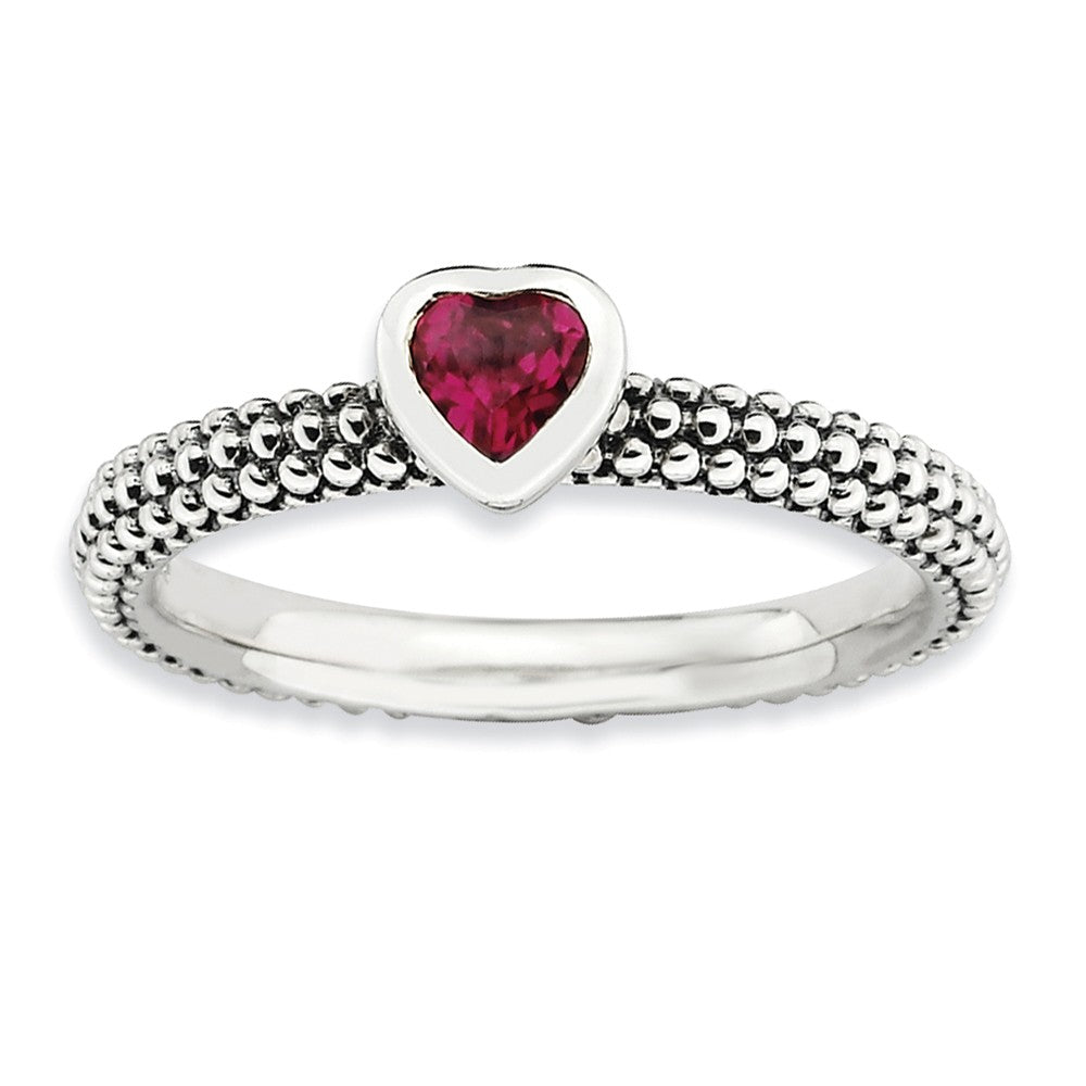 Sterling Silver Stackable 1/3 Carat Created Ruby Heart Ring, Item R9436 by The Black Bow Jewelry Co.