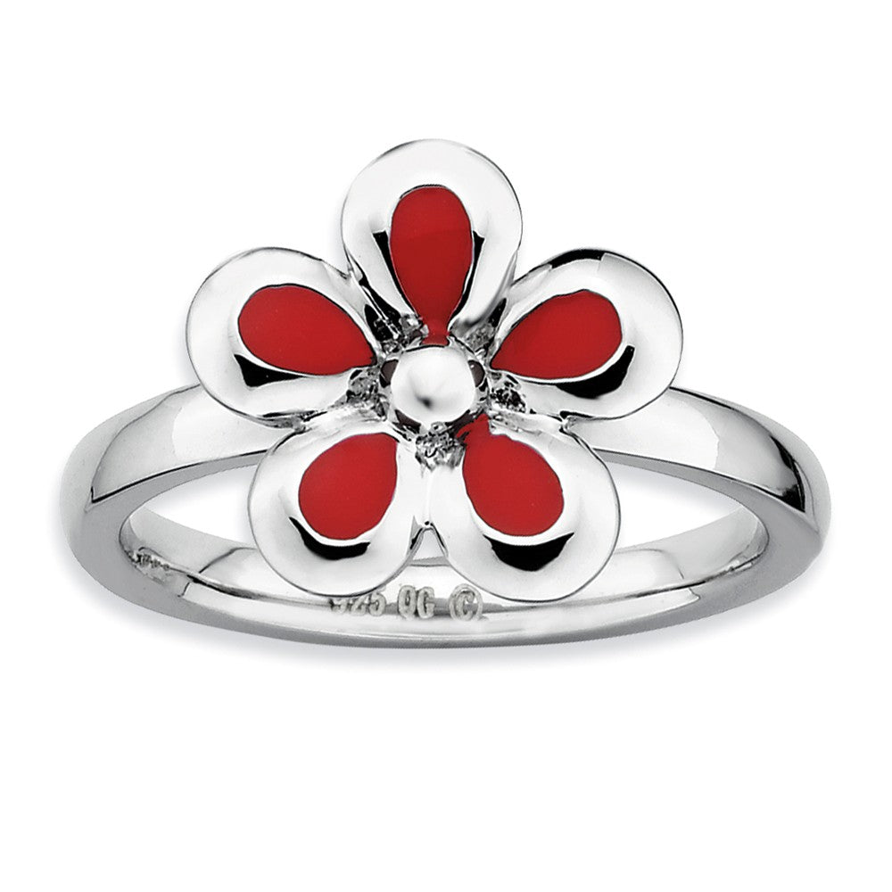 Sterling Silver Stackable Red Enameled Flower Ring, Item R9451 by The Black Bow Jewelry Co.